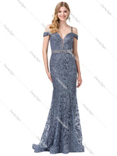 DQ 2772- Glitter Patterned Off the Shoulder Fit & Flare Prom Gown V-Neck & Beaded Belt Prom Dress Dancing Queen XS STEEL BLUE 