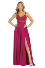 LF 7655 - A-Line Prom Gown with Lace Embellished Sheer Corset Bodice Lace Up Corset Back & Leg Slit Prom Dress Let's Fashion S MAGENTA 