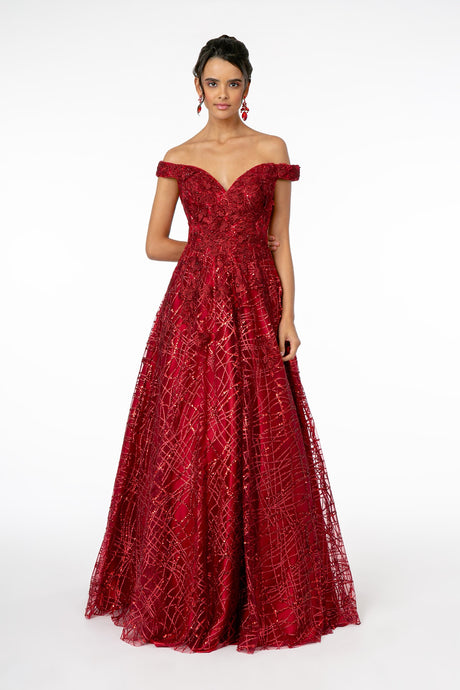 GL 2944 - Off the Shoulder A-Line Prom Gown with Embellished Sweet heart Top & Glittery Skirt PROM GOWN GLS XS BURGUNDY 