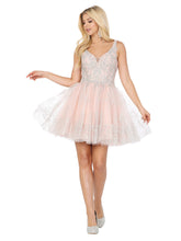 DQ 3237 - A-Line Homecoming Dress with Lace Applique V-Neck Bodice & Glitter Tulle Skirt Accented with Lace Homecoming Dancing Queen XS BLUSH 