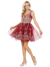DQ 3237 - A-Line Homecoming Dress with Lace Applique V-Neck Bodice & Glitter Tulle Skirt Accented with Lace Homecoming Dancing Queen XS BURGUNDY 