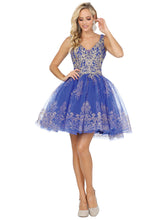 DQ 3237 - A-Line Homecoming Dress with Lace Applique V-Neck Bodice & Glitter Tulle Skirt Accented with Lace Homecoming Dancing Queen   
