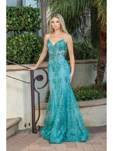 DQ 4118 - Glitter Print Fit & Flare Prom Gown with Sheer Boned Corset Bodice & Spaghetti Straps Prom Dress Dancing Queen XS AQUA 