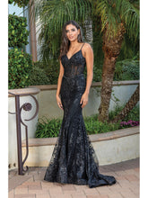 DQ 4118 - Glitter Print Fit & Flare Prom Gown with Sheer Boned Corset Bodice & Spaghetti Straps Prom Dress Dancing Queen XS BLACK 