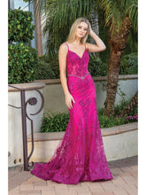 DQ 4118 - Glitter Print Fit & Flare Prom Gown with Sheer Boned Corset Bodice & Spaghetti Straps Prom Dress Dancing Queen XS FUCHSIA 