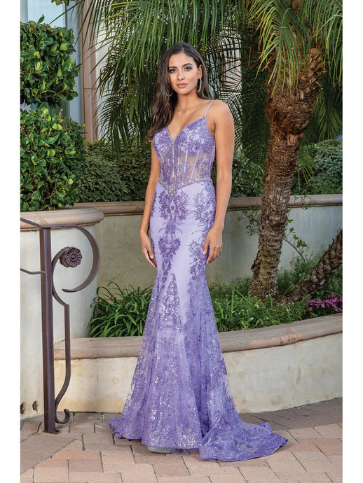 DQ 4118 - Glitter Print Fit & Flare Prom Gown with Sheer Boned Corset Bodice & Spaghetti Straps PROM GOWN Dancing Queen XS LILAC 