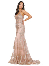 DQ 4118 - Glitter Print Fit & Flare Prom Gown with Sheer Boned Corset Bodice & Spaghetti Straps Prom Dress Dancing Queen XS ROSE GOLD 