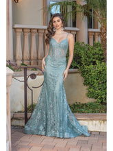 DQ 4118 - Glitter Print Fit & Flare Prom Gown with Sheer Boned Corset Bodice & Spaghetti Straps Prom Dress Dancing Queen   