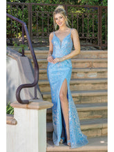 DQ 4248 - Iridescent Sequin Pattern Fit & Flare Prom Gown with V-Neck Leg Slit & Corset Back PROM GOWN Dancing Queen   