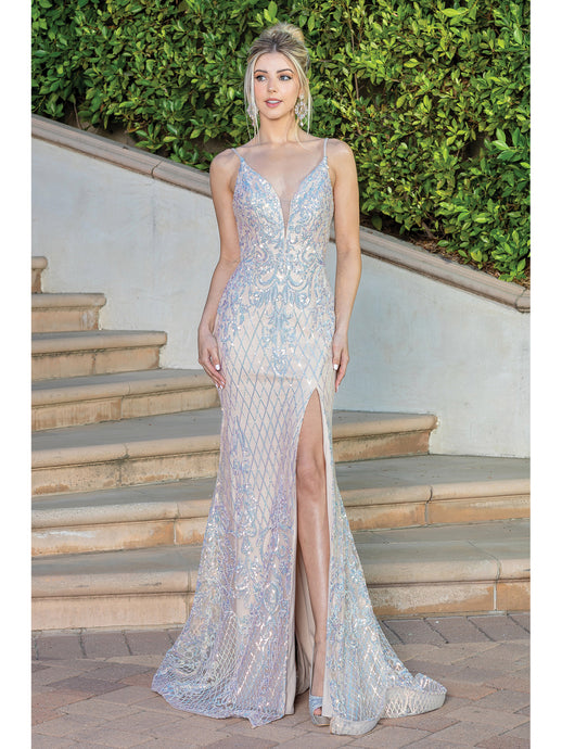 DQ 4248 - Iridescent Sequin Pattern Fit & Flare Prom Gown with V-Neck Leg Slit & Corset Back PROM GOWN Dancing Queen XS CHAMPAGNE 