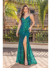 DQ 4248 - Iridescent Sequin Pattern Fit & Flare Prom Gown with V-Neck Leg Slit & Corset Back PROM GOWN Dancing Queen XS HUNTER GREEN 