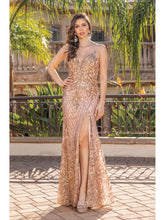 DQ 4248 - Iridescent Sequin Pattern Fit & Flare Prom Gown with V-Neck Leg Slit & Corset Back PROM GOWN Dancing Queen XS ROSE GOLD 