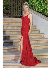 DQ 4254 - Full Sequin Fit & Flare Prom Gown with V-Neck Open Corset Back & Leg Slit PROM GOWN Dancing Queen XS RED 