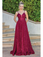 DQ 4255 - Full Sequin A-Line Ball Gown with V-Neck Bodice Wide Banded Waist & Open Lace Up Corset Back Dresses Dancing Queen XS BURGUNDY 