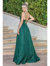 DQ 4255 - Full Sequin A-Line Ball Gown with V-Neck Bodice Wide Banded Waist & Open Lace Up Corset Back Dresses Dancing Queen XS HUNTER GREEN 