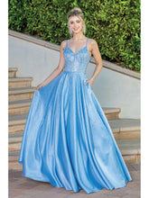 DQ 4256 - Rhinestone Accented Satin A-Line Ball Gown with Plunging V-Neck Bodice Wide Banded Waist Pockets & Open Corset Back PROM GOWN Dancing Queen XS BAHAMA BLUE 