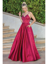 DQ 4256 - Rhinestone Accented Satin A-Line Ball Gown with Plunging V-Neck Bodice Wide Banded Waist Pockets & Open Corset Back PROM GOWN Dancing Queen XS BURGUNDY 
