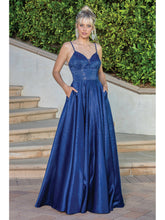 DQ 4256 - Rhinestone Accented Satin A-Line Ball Gown with Plunging V-Neck Bodice Wide Banded Waist Pockets & Open Corset Back PROM GOWN Dancing Queen XS NAVY 