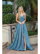 DQ 4259 - Iridescent Metallic A-Line Prom Gown with Gathered V-Neck Bodice Lace Up Corset Back & Leg Slit PROM GOWN Dancing Queen XS BLUE 