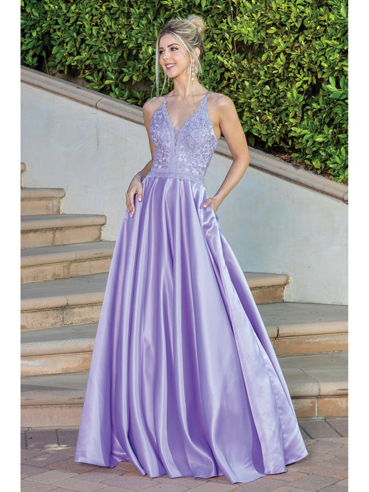 DQ 4260 - Satin A-Line Prom Gown with Lace Embellished V-Neck Bodice Open Lace Up Corset Back & Pockets Dresses Dancing Queen M LILAC 