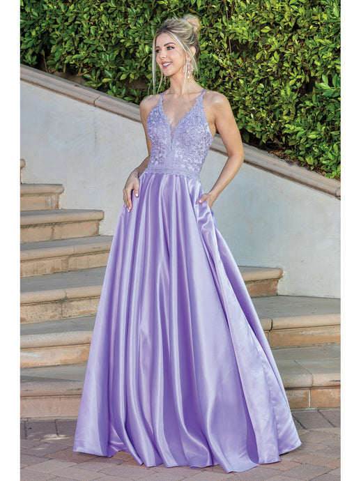 DQ 4260 - Satin A-Line Prom Gown with Lace Embellished V-Neck Bodice Open Lace Up Corset Back & Pockets PROM GOWN Dancing Queen M LILAC 