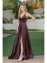 DQ 4263 - A-Line Prom Gown with Leg Slit V-Neck and Bodice Rouching PROM GOWN Dancing Queen XS BROWN 