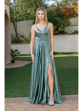DQ 4263 - A-Line Prom Gown with Leg Slit V-Neck and Bodice Rouching PROM GOWN Dancing Queen XS SAGE 