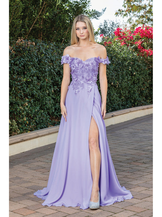 DQ 4268 - Off The Shoulders Flowy Chiffon A-Line Prom Gown with 3D Floral V-Neck Bodice Lace Up Corset Back & Leg Slit PROM GOWN Dancing Queen XS LILAC 