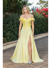 DQ 4268 - Off The Shoulders Flowy Chiffon A-Line Prom Gown with 3D Floral V-Neck Bodice Lace Up Corset Back & Leg Slit PROM GOWN Dancing Queen XS YELLOW 