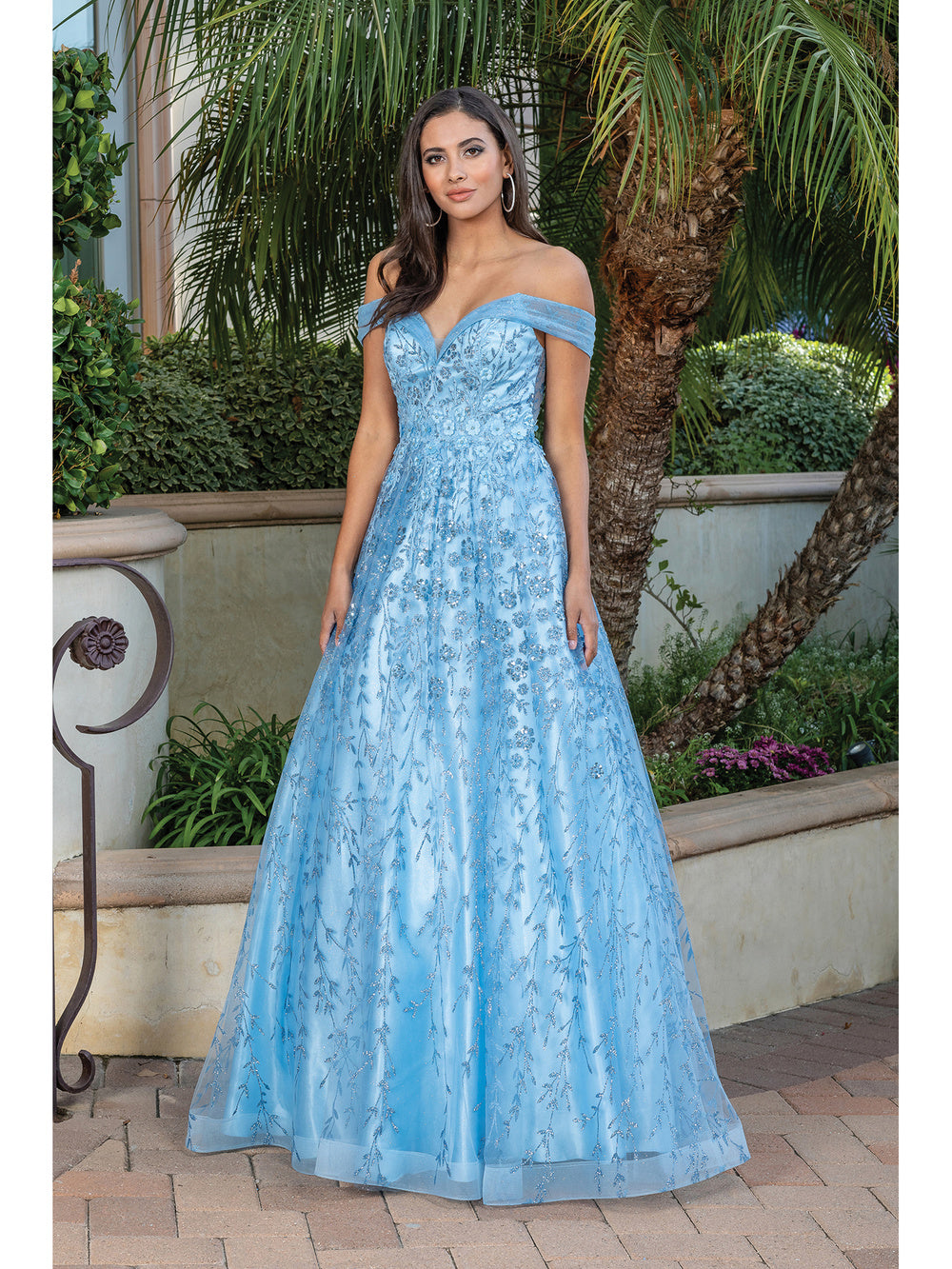 DQ 4273 - Glitter Print Off The Shoulders A-Line Prom Gown with 3D floral V-Neck Bodice & Open Lace Up Corset Back Prom Dress Dancing Queen XS BAHAMA BLUE 