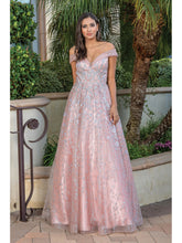 DQ 4273 - Glitter Print Off The Shoulders A-Line Prom Gown with 3D floral V-Neck Bodice & Open Lace Up Corset Back Prom Dress Dancing Queen XS ROSE GOLD 