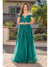 DQ 4273 - Glitter Print Off The Shoulders A-Line Prom Gown with 3D floral V-Neck Bodice & Open Lace Up Corset Back Prom Dress Dancing Queen XS HUNTER GREEN 