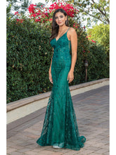 DQ 4275 - Glitter Print Fit & Flare Prom Gown with Sheer 3D floral Embellished V-Neck Bodice & Open Back PROM GOWN Dancing Queen XS HUNTER GREEN 