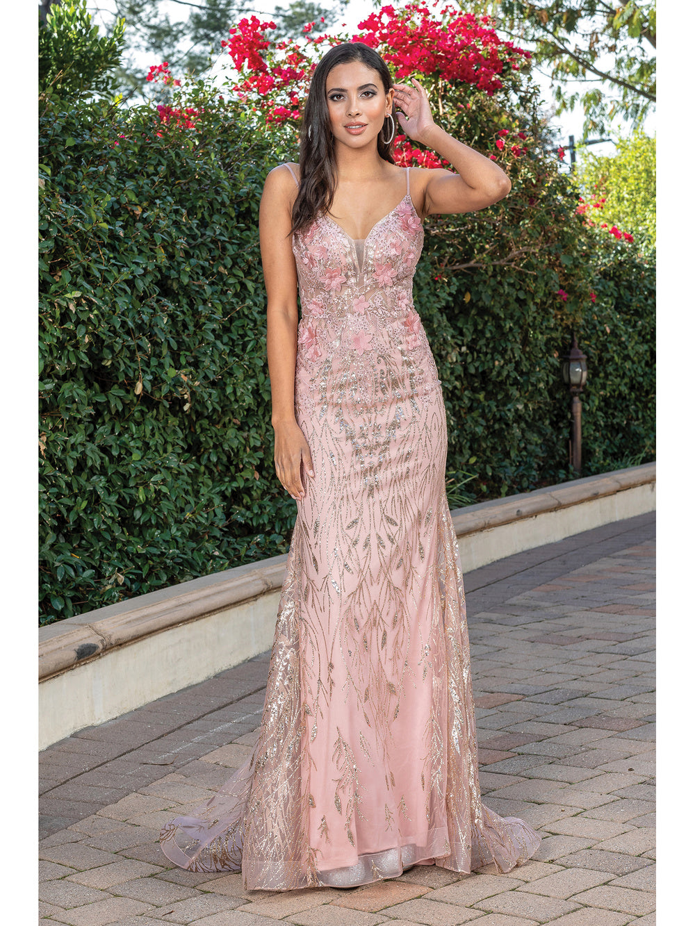 DQ 4275 - Glitter Print Fit & Flare Prom Gown with Sheer 3D