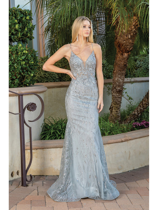 DQ 4275 - Glitter Print Fit & Flare Prom Gown with Sheer 3D floral Embellished V-Neck Bodice & Open Back PROM GOWN Dancing Queen   