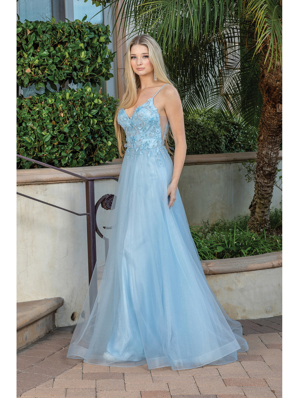 DQ 4276 - Layered Tulle A-Line Prom Gown with 3D Floral