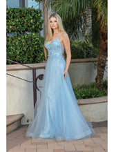 DQ 4276 - Layered Tulle A-Line Prom Gown with 3D Floral Embroidered V-Neck Bodice Sheer Underarms  & Open Back PROM GOWN Dancing Queen XS BAHAMA BLUE 