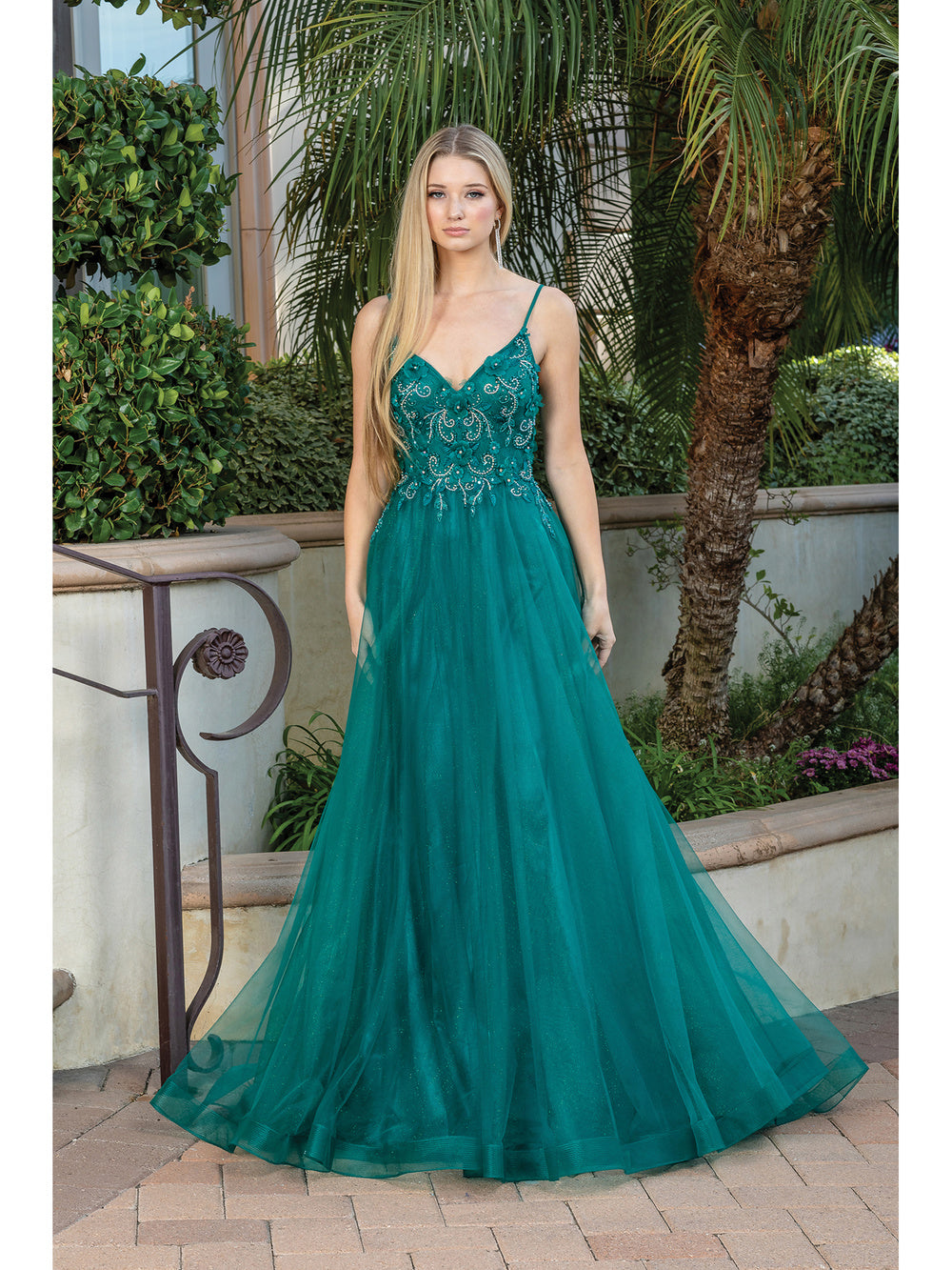 DQ 4276 - Layered Tulle A-Line Prom Gown with 3D Floral