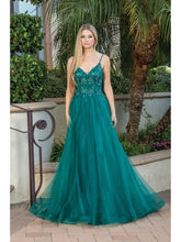 DQ 4276 - Layered Tulle A-Line Prom Gown with 3D Floral Embroidered V-Neck Bodice Sheer Underarms  & Open Back PROM GOWN Dancing Queen XS HUNTER GREEN 