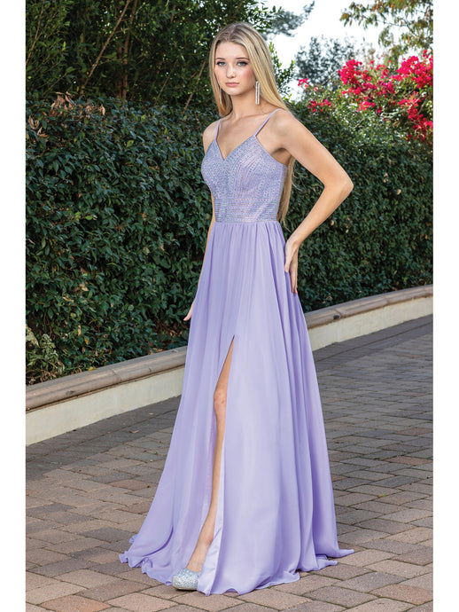 DQ 4277 - Flowy Chiffon A-Line Prom Gown with In-Line V-Neck Bodice & Open Lace Up Spaghetti Strap Corset PROM GOWN Dancing Queen XS LILAC 