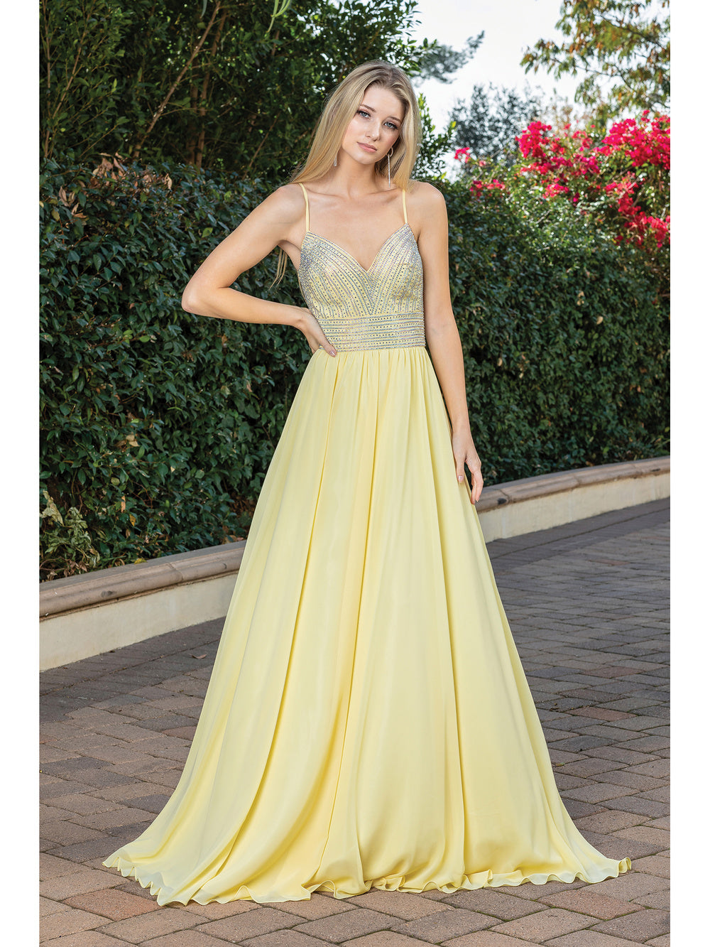 DQ 4277 - Flowy Chiffon A-Line Prom Gown with In-Line V-Neck Bodice & Open Lace Up Spaghetti Strap Corset PROM GOWN Dancing Queen XS YELLOW 