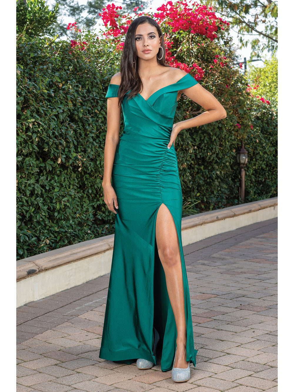 DQ 4278 - Off The Shoulder Stretch Jersey Fit & Flare Prom Gown with Ruched Bodice & Leg Slit PROM GOWN Dancing Queen XS HUNTER GREEN 