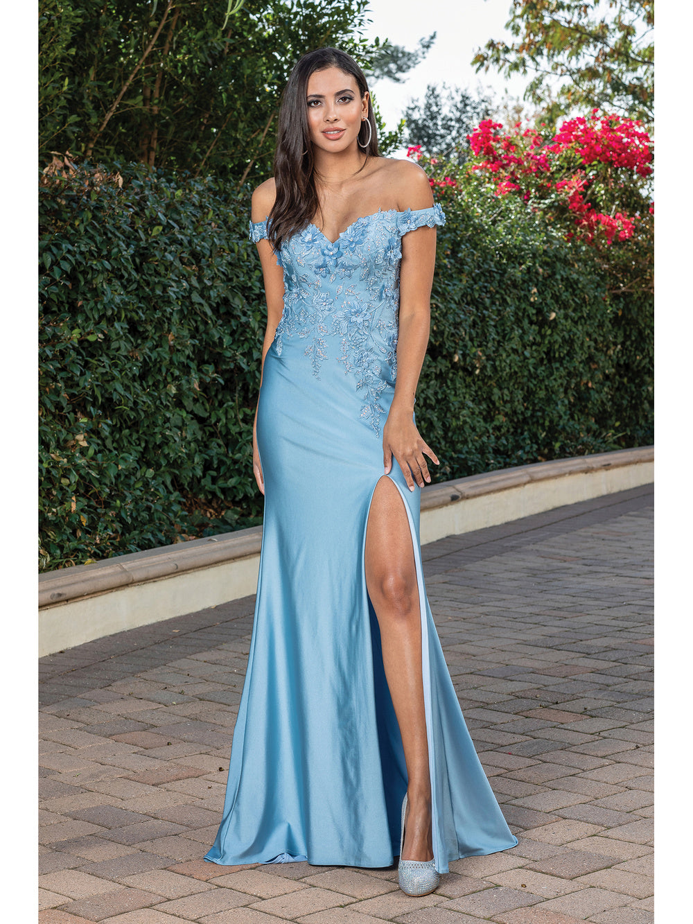 DQ 4291 - Off The Shoulder Fit & Flare Prom Gown With Floral Applique Bodice and Leg Slit PROM GOWN Dancing Queen XS DUSTY BLUE 