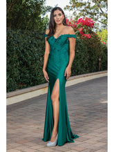 DQ 4291 - Off The Shoulder Fit & Flare Prom Gown With Floral Applique Bodice and Leg Slit PROM GOWN Dancing Queen XS HUNTER GREEN 