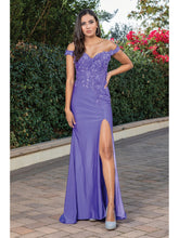 DQ 4291 - Off The Shoulder Fit & Flare Prom Gown With Floral Applique Bodice and Leg Slit PROM GOWN Dancing Queen XS LAVENDER 