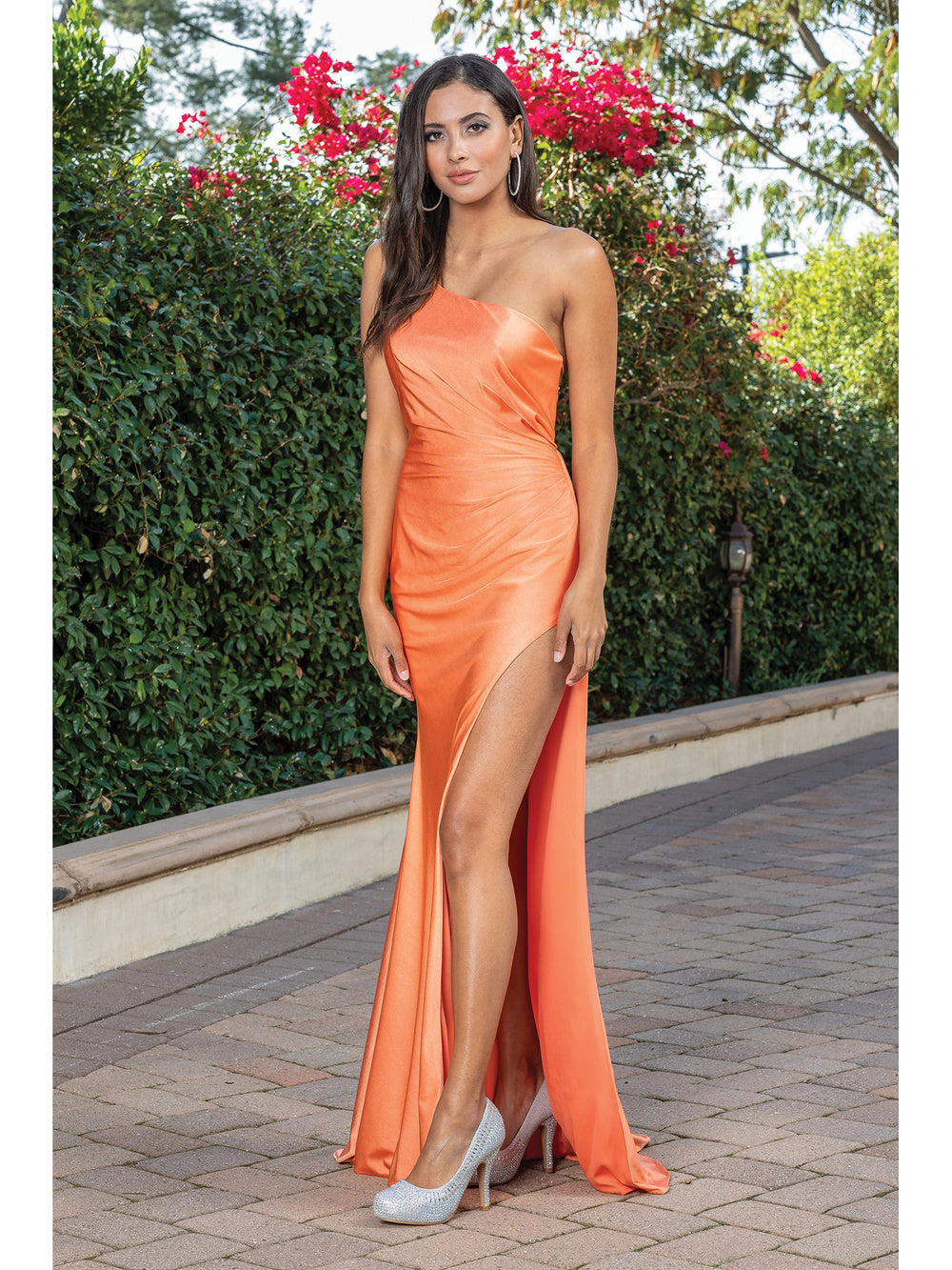 DQ 4299 - One Shoulder Fit & Flare Prom Gown with Leg Slit & Open