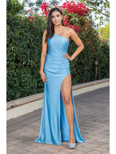DQ 4299 -  One Shoulder Fit & Flare Prom Gown with Leg Slit & Open Corset Back Dresses Dancing Queen XS DUSTY BLUE 