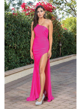 DQ 4299 -  One Shoulder Fit & Flare Prom Gown with Leg Slit & Open Corset Back Dresses Dancing Queen XS FUCHSIA 
