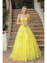 DQ 4320 - Printed Organza A-Line Prom Gown with Sheer 3D Applique Bodice PROM GOWN Dancing Queen XS YELLOW 