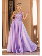 DQ 4326 - Satin A-Line Prom Gown with Sheer 3D floral Applique Bodice & Side Pockets Prom Dress Dancing Queen XS LILAC 